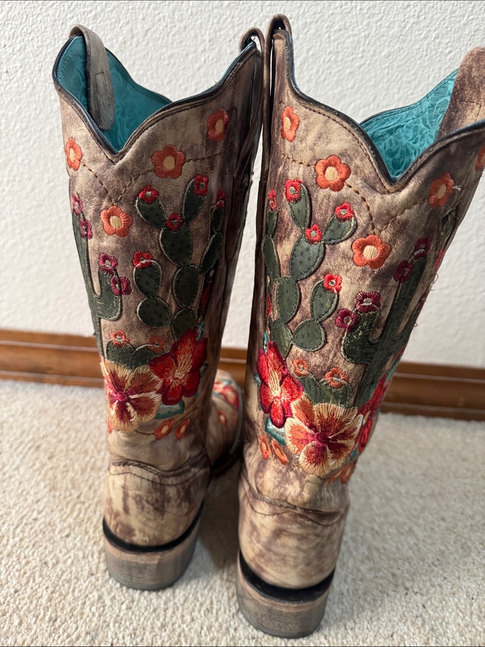 Corral Floral Cactus Embroidered Taupe Teal Women's Heeled Boots - Picture 4 of 8